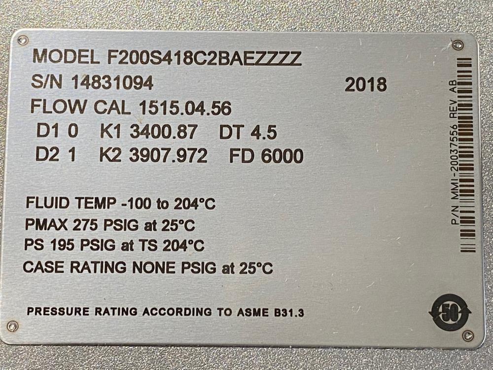 Micro Motion 2" x 1-1/2" 150# 316 Stainless Flow Meter F200S418C2BAEZZZZ (U)